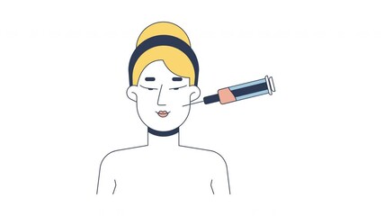 Poster - Blonde woman facial cosmetic injection 2D animation. Dermal filler. Caucasian white female skin procedure aesthetic animated character cartoon flat concept metaphor 4K video isolated on white