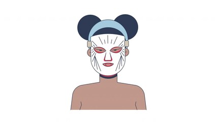 Poster - Black woman wearing LED light therapy mask cartoon animation. Skincare device. African american female skin treatment gadget animated flat 2D character 4K video isolated on white, alpha channel