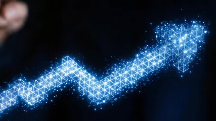 Poster - A hand touches a glowing digital arrow made of interconnected points, symbolizing growth and technological progress.
