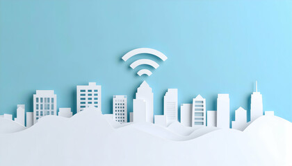 Poster - Abstract Wireless Network Cityscape: Paper Cutout Skyline with Wifi Signal