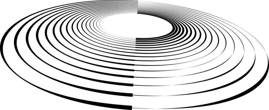 Circle with black lines as dynamic abstract vector background or logo or icon. Artistic illustration with perspective on white background.