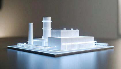 Poster - Futuristic Digital Factory Model: Blue Illuminated Structure on Dark Background