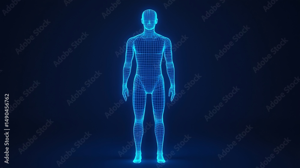A glowing blue wireframe human figure stands upright on a dark ...