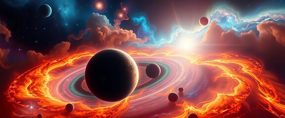 Wall Mural - Vibrant nebula swirls around glowing planets, distant galaxies sparkle, creative, abstract