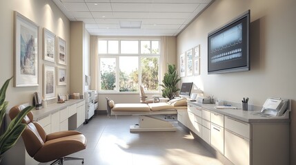 Poster - Contemporary doctor office featuring a patient exam table, wall-mounted computer screen, and clean furnishings
