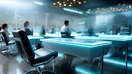 Poster - Futuristic LLM  office workspace with glowing modern desk, digital screens, and advanced technology for innovative, productive environment