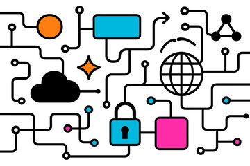 Fototapete - Colorful vector illustration of technology symbols interconnected by lines representing digital communication and data flow