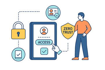 Poster - Vector illustration of a person interacting with a digital access system demonstrating zero trust security principles