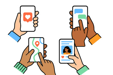 Poster - Hands holding smartphones engaged in various activities like messaging, navigation, and social media interaction