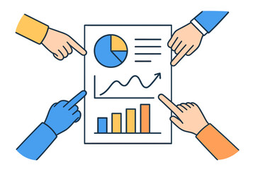 Poster - Team collaboration to analyze data trends with hand gestures on report in an office setting