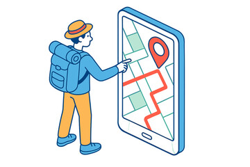Poster - Hiker using smartphone with map navigation in a creative vector illustration for outdoor adventure enthusiasts