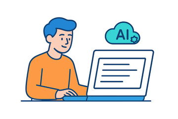  - Vector illustration of a person using a laptop to engage with artificial intelligence technology in a modern workspace