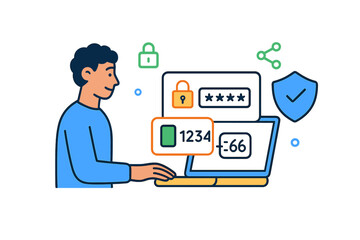 Poster - Secure online transaction with user entering information on laptop with security icons present