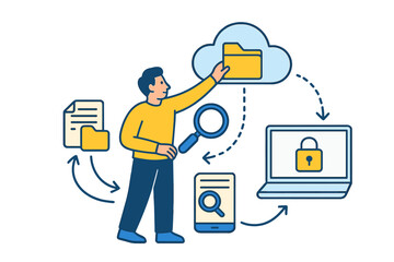 Poster - Data security and cloud storage illustration showing a person organizing files and accessing digital information
