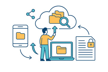 Aufkleber - Vector illustration of file storage and data transfer between devices and cloud services demonstrating modern technology solutions