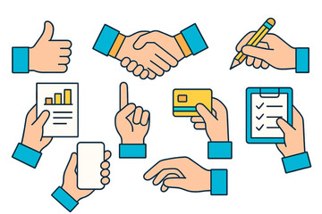 Poster - Collaboration and business activities illustrated through vector designs featuring various hand gestures and objects
