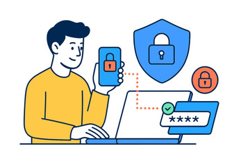 Poster - Vector illustration of a person using a smartphone and laptop with security elements for digital protection