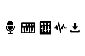 Poster - Vector illustration of audio production elements including a microphone, keyboard, mixer, waveform, and download icon