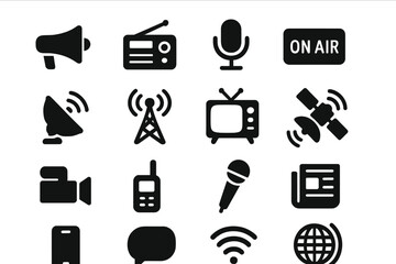 Poster - Vector illustration of communication tools and media symbols in a grid layout showcasing various devices and technologies