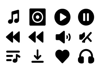Poster - Simple black vector icons representing music playback controls, audio settings, and downloads for digital media applications