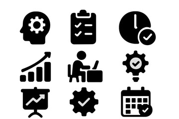 Poster - Vector illustration of productivity icons depicting tasks, time management, and goal setting in a workspace environment