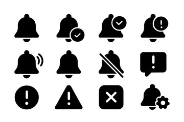 Poster - Vector illustration of various notification bell icons displaying alerts, confirmations, and settings in a simple, monochrome design