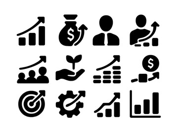 Poster - Vector illustration showcasing business growth concepts including charts, money symbols, and professional icons in a modern style
