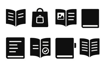 Poster - Collection of vector illustrations featuring various book and document icons with a shopping bag graphic