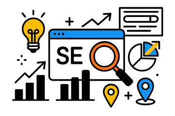Poster - Vector illustration of digital marketing concepts featuring SEO, analytics, and growth strategies for online visibility
