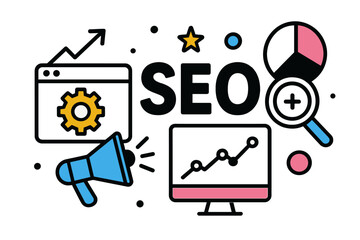 Poster - Vector illustration showcasing SEO concepts with a magnifying glass, graphs, and digital tools on a vibrant background