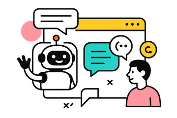 Poster - Vector illustration of a person interacting with a friendly chatbot in a digital conversation