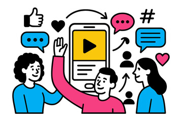 Poster - Engaging social media interaction illustrated with characters communicating through a smartphone and expressive icons