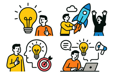 Poster - Vector illustration depicting creativity and innovation with diverse activities demonstrating brainstorming and launching ideas