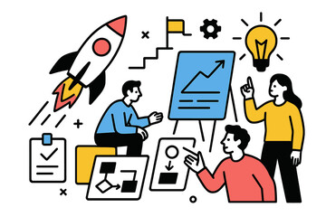 Poster - Team brainstorming ideas for a startup project using vector illustration in a creative workspace environment