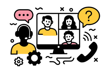 Poster - Vector illustration depicting a virtual meeting with diverse participants engaged in a video conference call