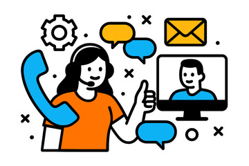 Poster - Customer support representative engaging efficiently through phone and video chat in a modern office setting
