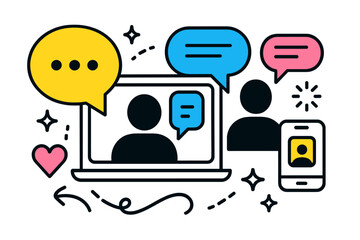 Aufkleber - Vector illustration of online communication through chat bubbles on a laptop and smartphone during a digital conversation