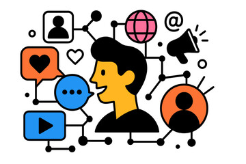 Poster - Vector illustration depicting social media communication and digital interaction among users in a connected network