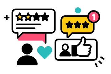 Poster - Vector illustration showcasing user engagement and feedback in a digital environment with ratings and reactions