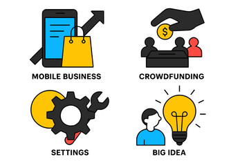 Poster - Vector illustration depicting mobile business, crowdfunding, settings, and big idea concepts in a modern design style