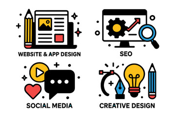 Poster - Vector illustration showcasing various digital marketing services including website design, SEO, social media, and creative design