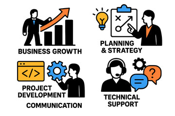 Poster - Business growth strategies illustrated with planning, project development, and technical support concepts in vector art
