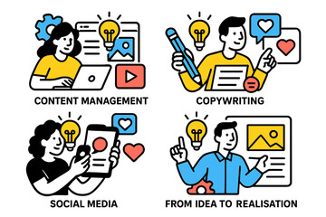 Poster - Vector illustration showcasing content management, copywriting, social media, and idea realization in a creative workspace