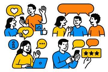 Poster - Engaging vector illustration of social interactions through digital communication and feedback activities