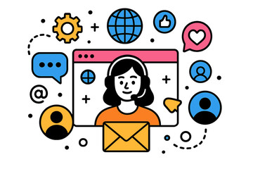 Poster - Vector illustration showcasing customer support representative assisting clients through an online platform