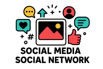 Poster - Vector illustration representing social media engagement with icons symbolizing likes, shares, comments, and images for online interaction