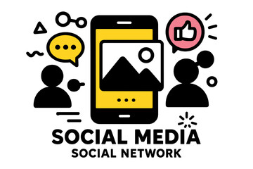 Poster - Vector illustration of social media interaction featuring mobile phone and user engagement icons