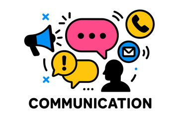 Poster - Vector illustration depicting aspects of communication including speech bubbles, a phone, and a person engaging in a conversation