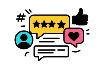Poster - Conversation about feedback with stars, thumbs up, and heart symbols shown in a vector illustration
