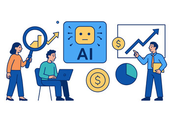 Poster - Business people discussing artificial intelligence and analytics in a modern office environment with visual data representations